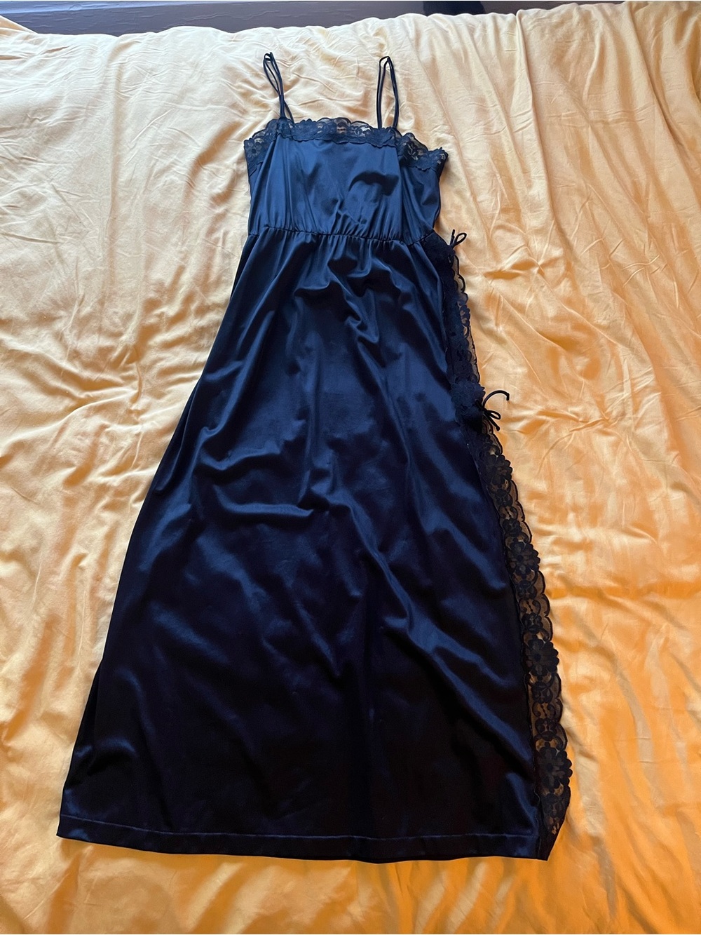 Black 1970’s Vintage Satin Lace-Trim Slip Dress